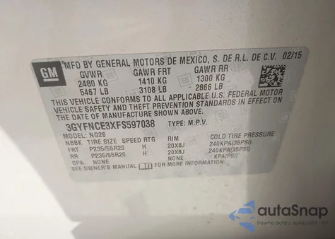 2015 Cadillac Srx Performance Collection from USA, damaged, VIN 3GYFNCE3XFS597038